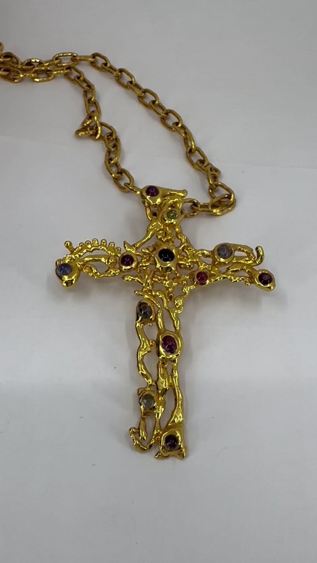 Vintage Jean Mahie 22k Gold Gemstone Cross Pendant Necklace