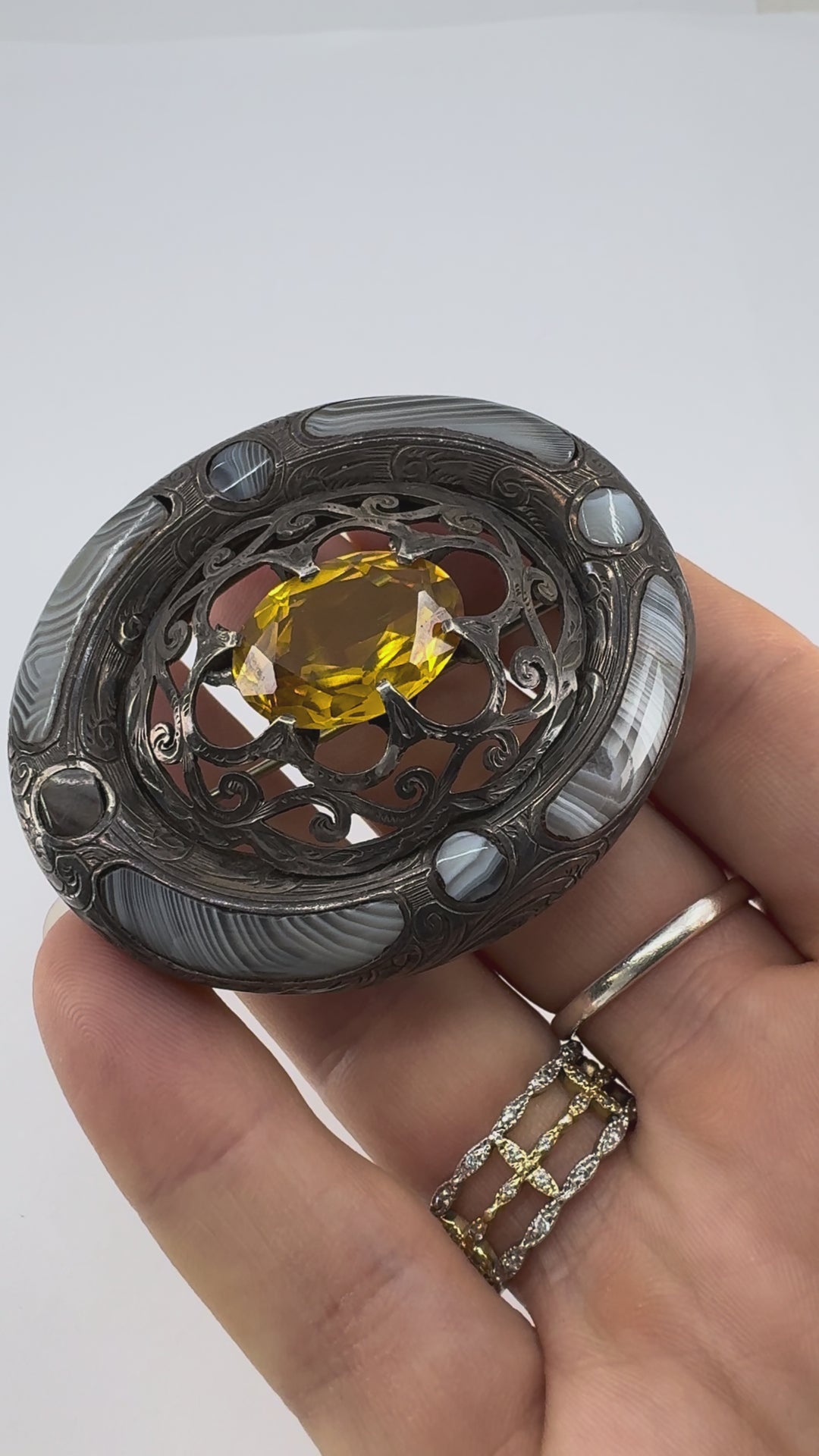 Antique Victorian Sterling Silver Agate Brooch Pendant