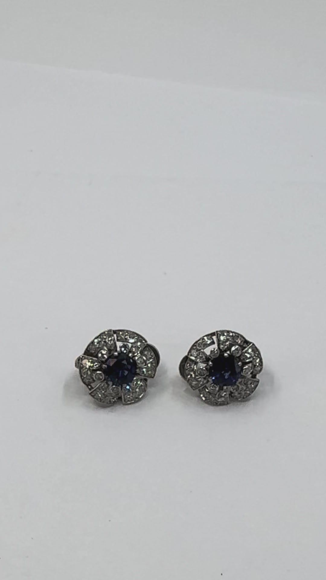 Vintage French Sapphire Diamond Platinum 18k White Gold Cluster Earrings