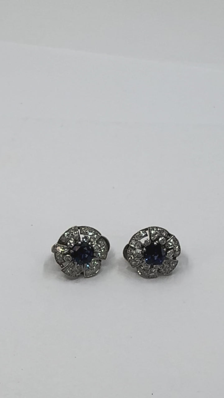 Vintage French Sapphire Diamond Platinum 18k White Gold Cluster Earrings