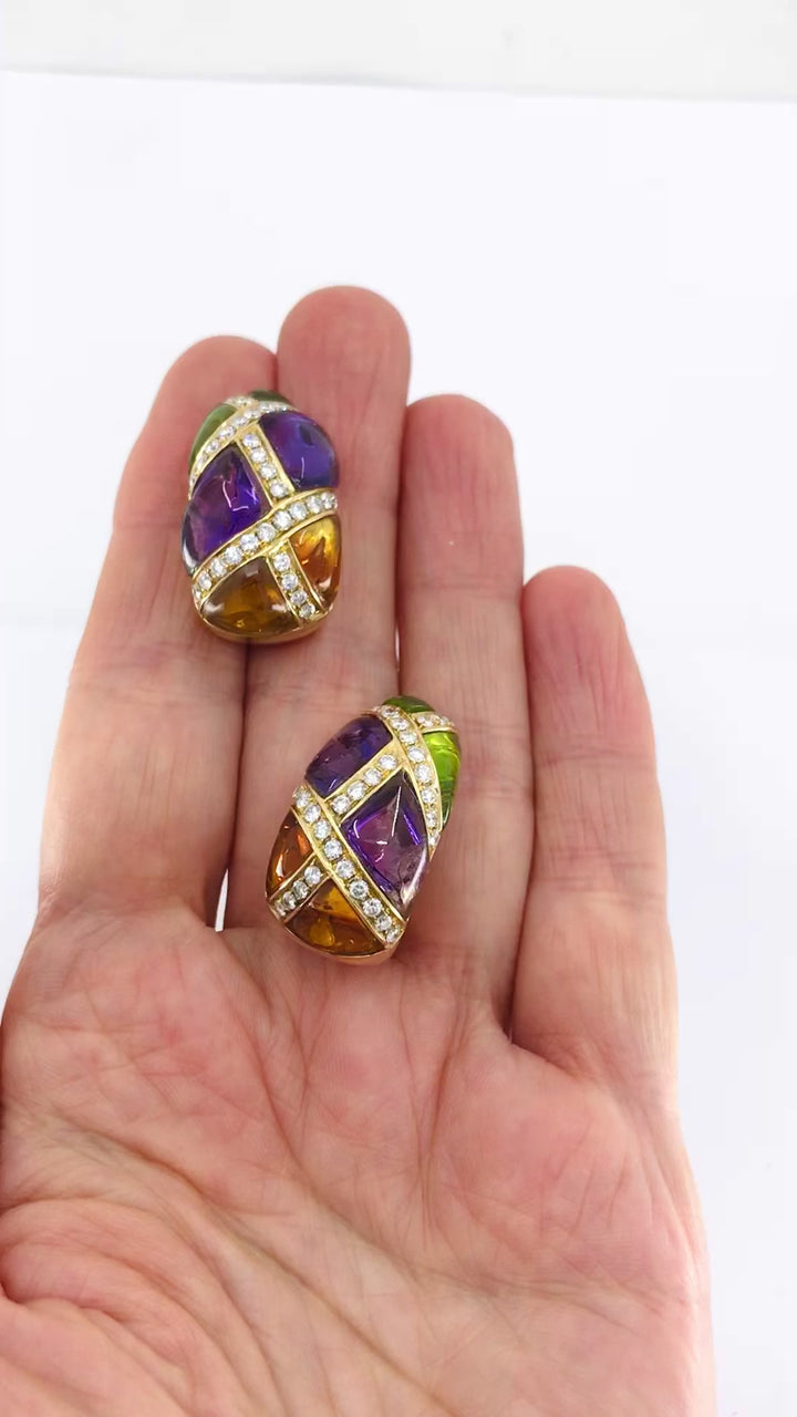 Bvlgari Vintage Bulgari Huggie Earrings Gold Diamond Gemstones