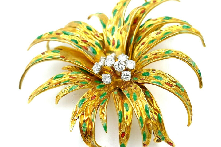 Boucheron Vintage Yellow Gold Diamond Enamel Flower Brooch