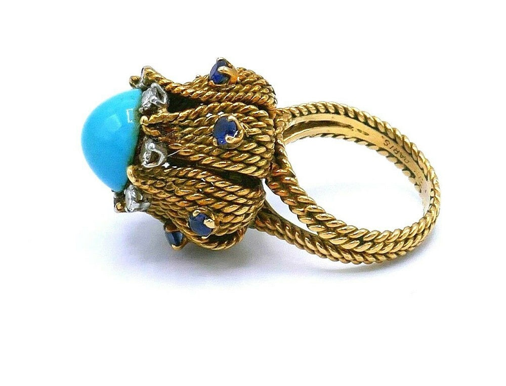 Antique French Yellow Gold Turquoise Sapphire Diamond Cocktail Ring