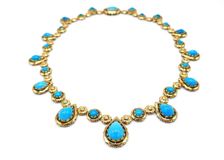 1970s Yellow Gold Turquoise Necklace Earrings Set