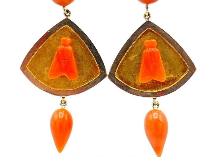 Antique Yellow Rose Gold Carved Coral Fly Earrings