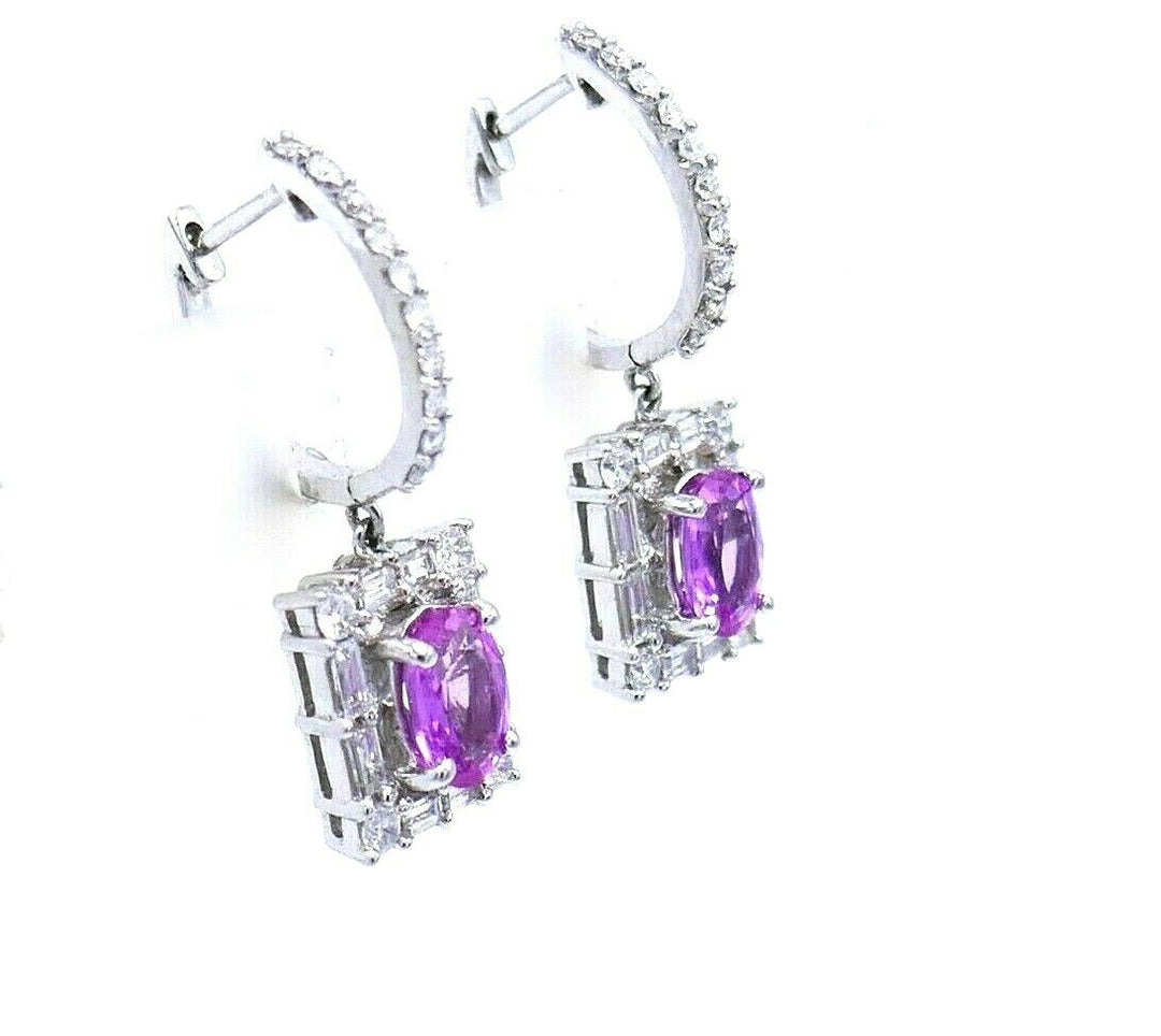 18k White Gold Diamond Pink Sapphire Drop Earrings