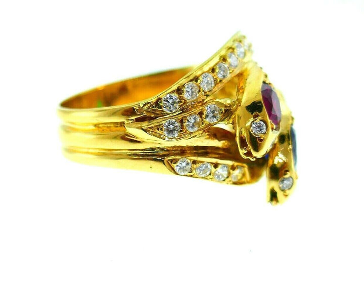 English Vintage Yellow Gold Diamond Gemstones Snake Ring