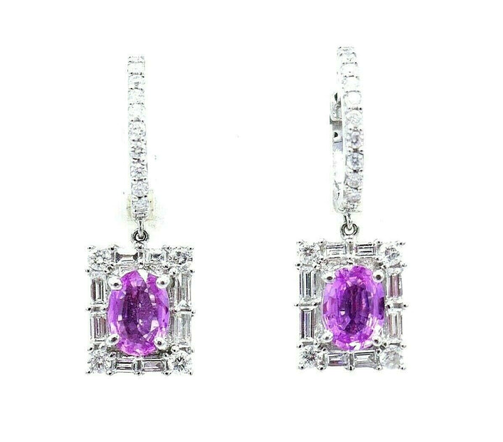 18k White Gold Diamond Pink Sapphire Drop Earrings