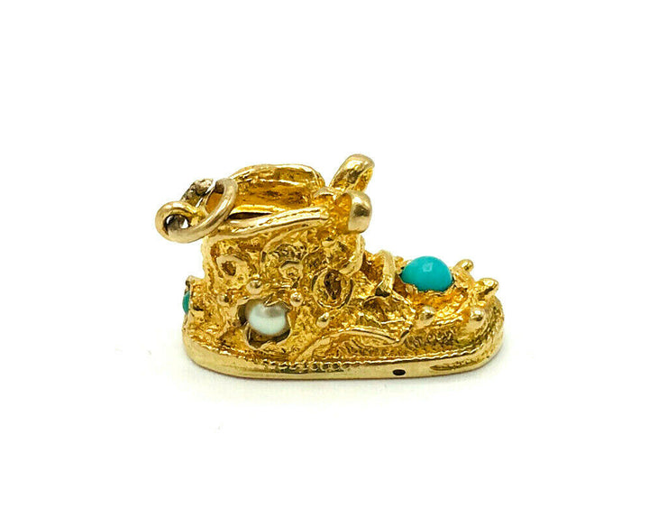 Vintage 10k Yellow Gold Turquoise Pearl Shoe Charm