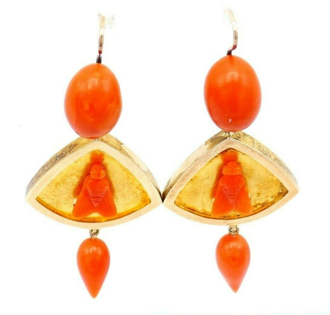 Antique Yellow Rose Gold Carved Coral Fly Earrings