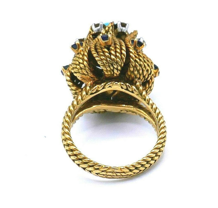 Antique French Yellow Gold Turquoise Sapphire Diamond Cocktail Ring