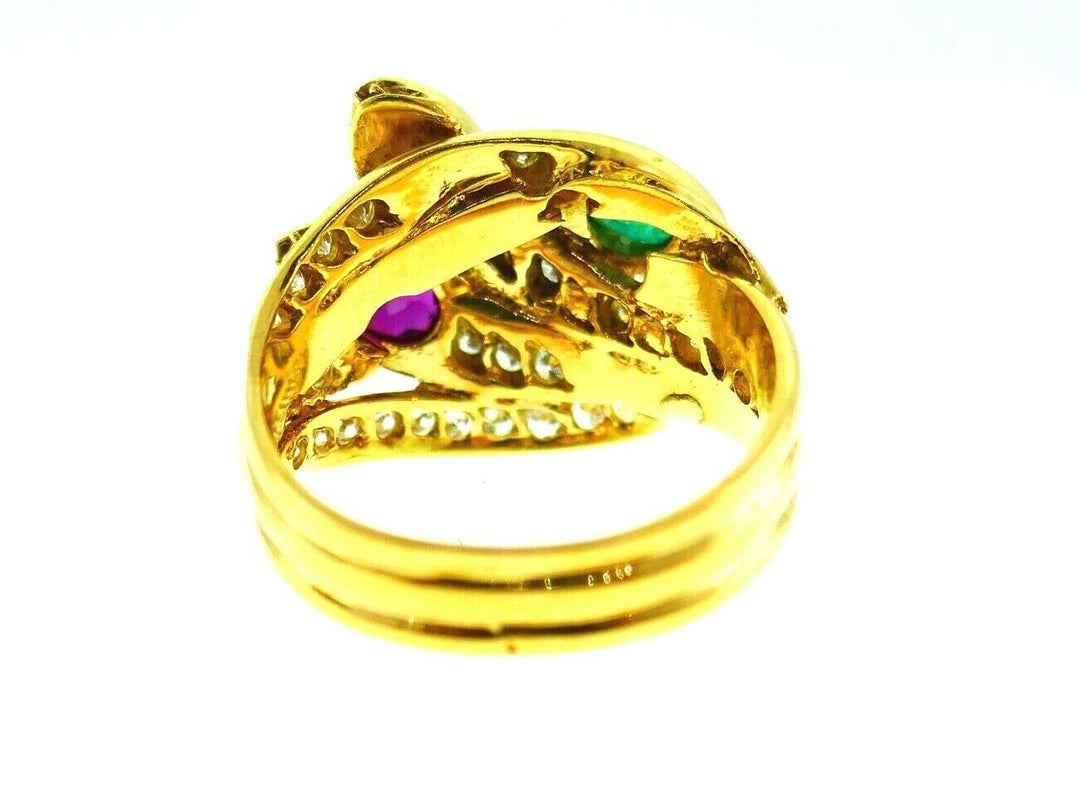 English Vintage Yellow Gold Diamond Gemstones Snake Ring