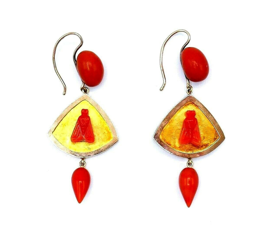 Antique Yellow Rose Gold Carved Coral Fly Earrings