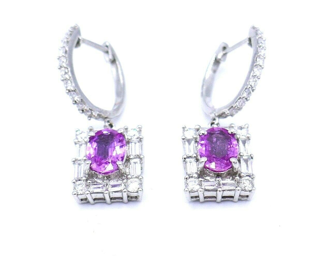 18k White Gold Diamond Pink Sapphire Drop Earrings