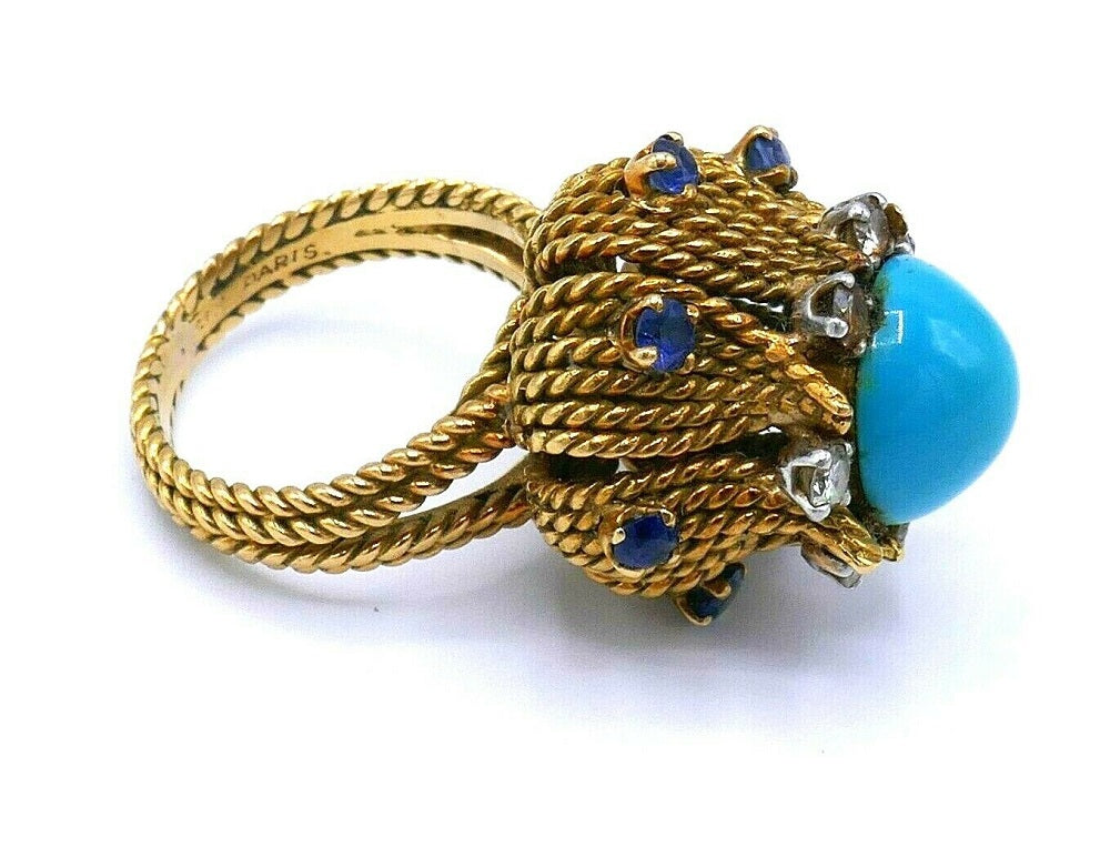 Antique French Yellow Gold Turquoise Sapphire Diamond Cocktail Ring