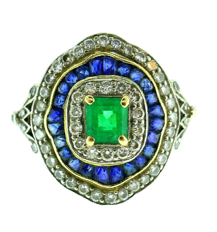 Vintage 18k Yellow Gold Emerald Sapphire Diamond Ring