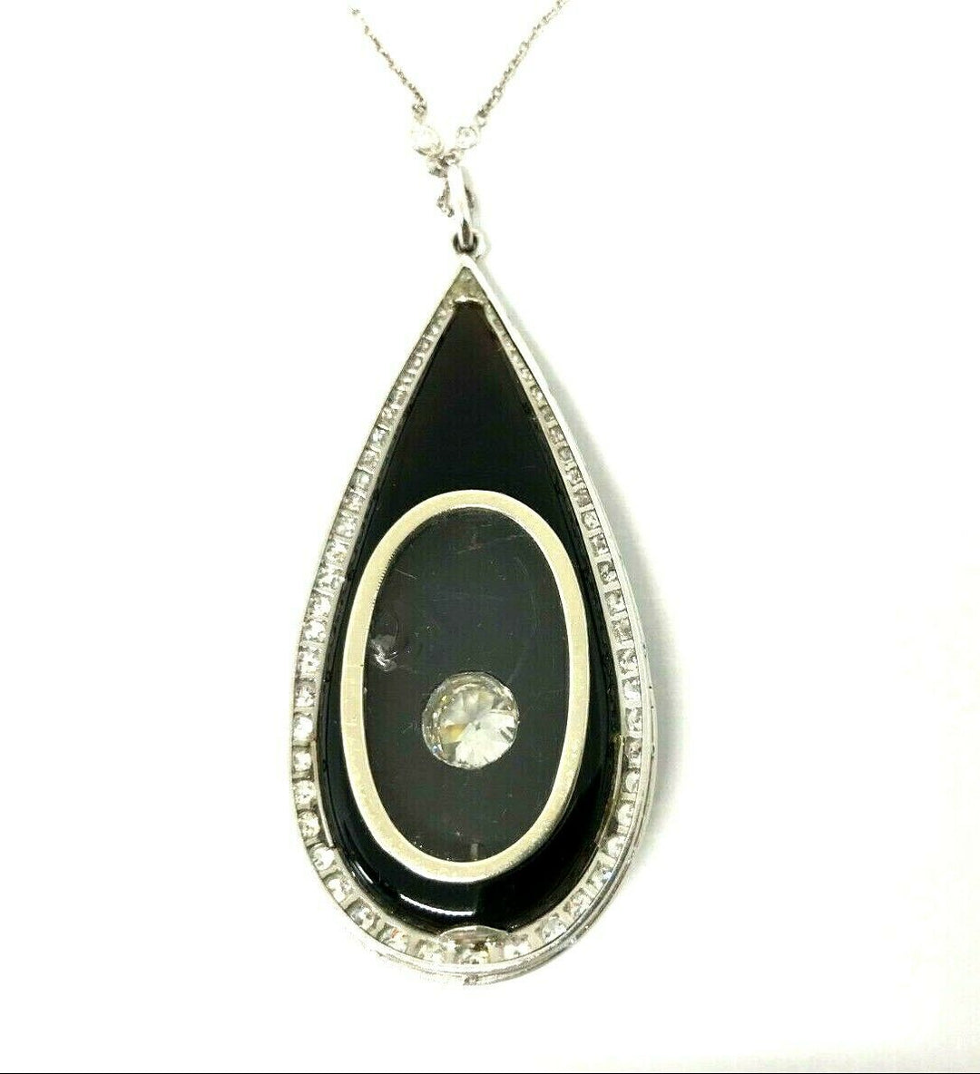 Art Deco Platinum Diamond Necklace Onyx Locket Pendant