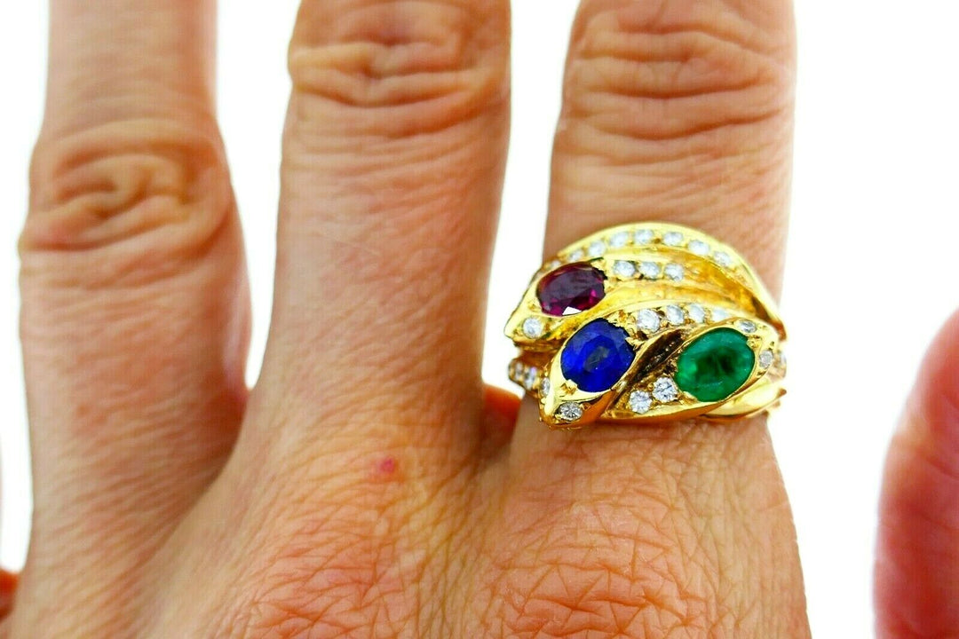 English Vintage Yellow Gold Diamond Gemstones Snake Ring