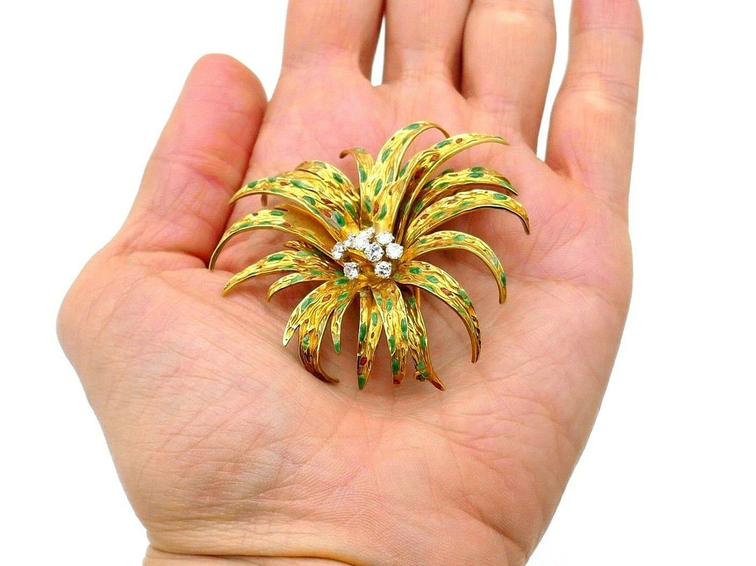 Boucheron Vintage Yellow Gold Diamond Enamel Flower Brooch