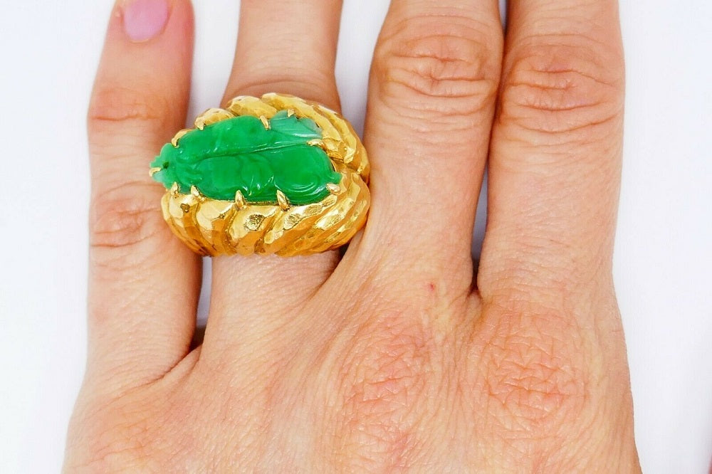 David Webb Yellow Hammered Gold Carved Jade Ring