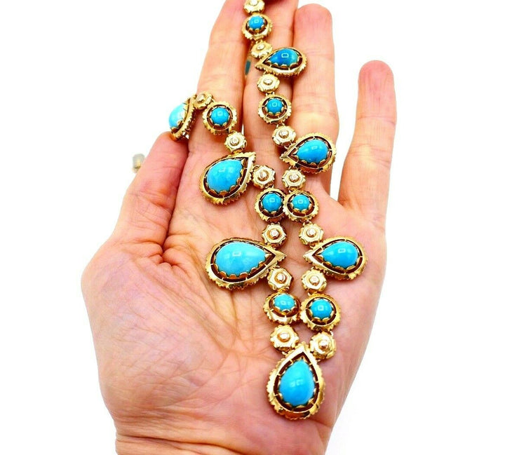 1970s Yellow Gold Turquoise Necklace Earrings Set