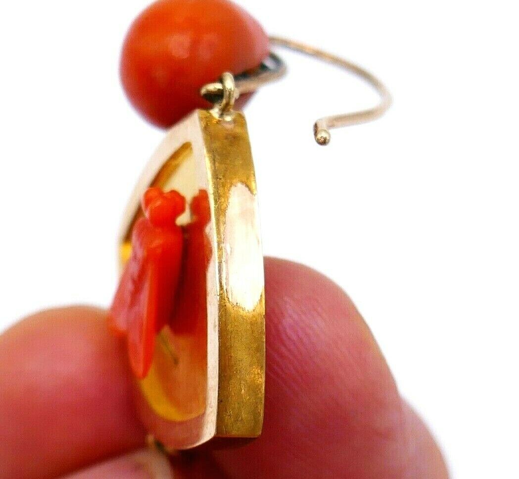 Antique Yellow Rose Gold Carved Coral Fly Earrings