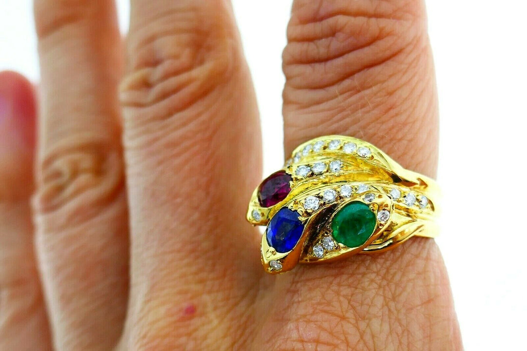 English Vintage Yellow Gold Diamond Gemstones Snake Ring