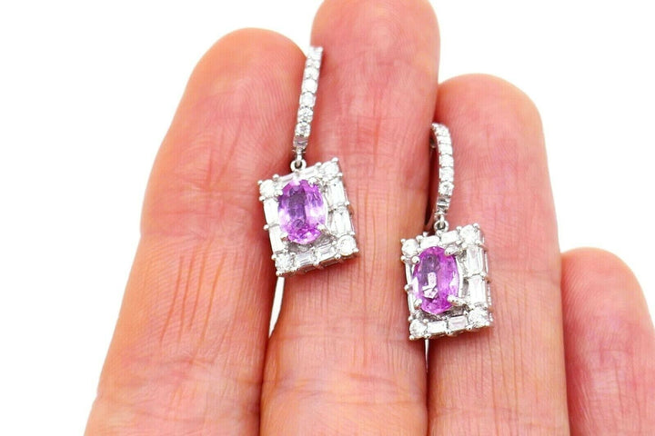 18k White Gold Diamond Pink Sapphire Drop Earrings