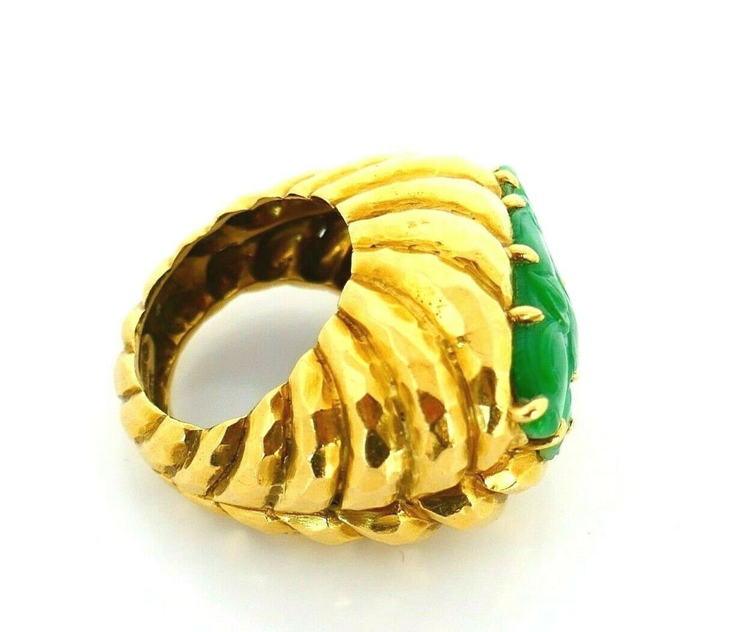 David Webb Yellow Hammered Gold Carved Jade Ring