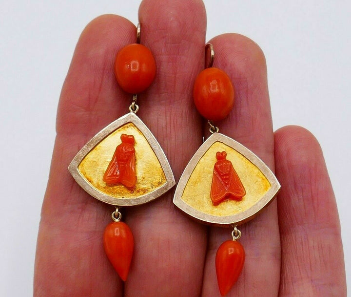 Antique Yellow Rose Gold Carved Coral Fly Earrings