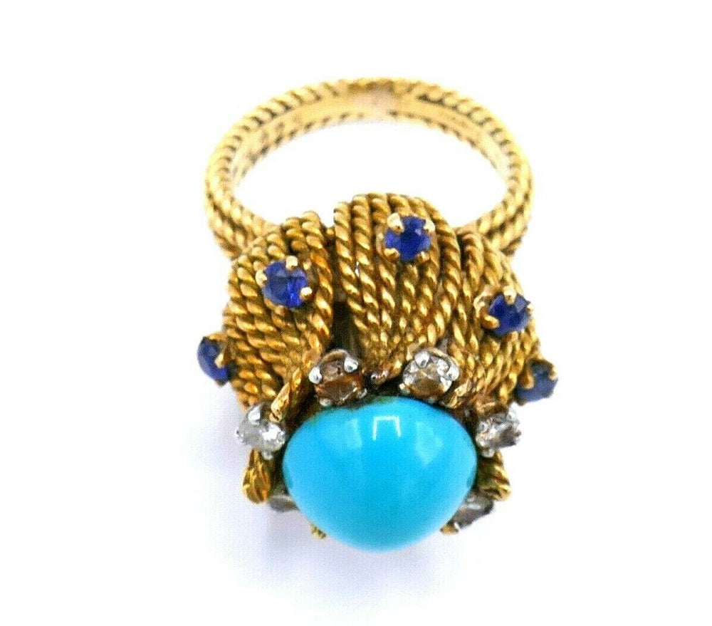 Antique French Yellow Gold Turquoise Sapphire Diamond Cocktail Ring