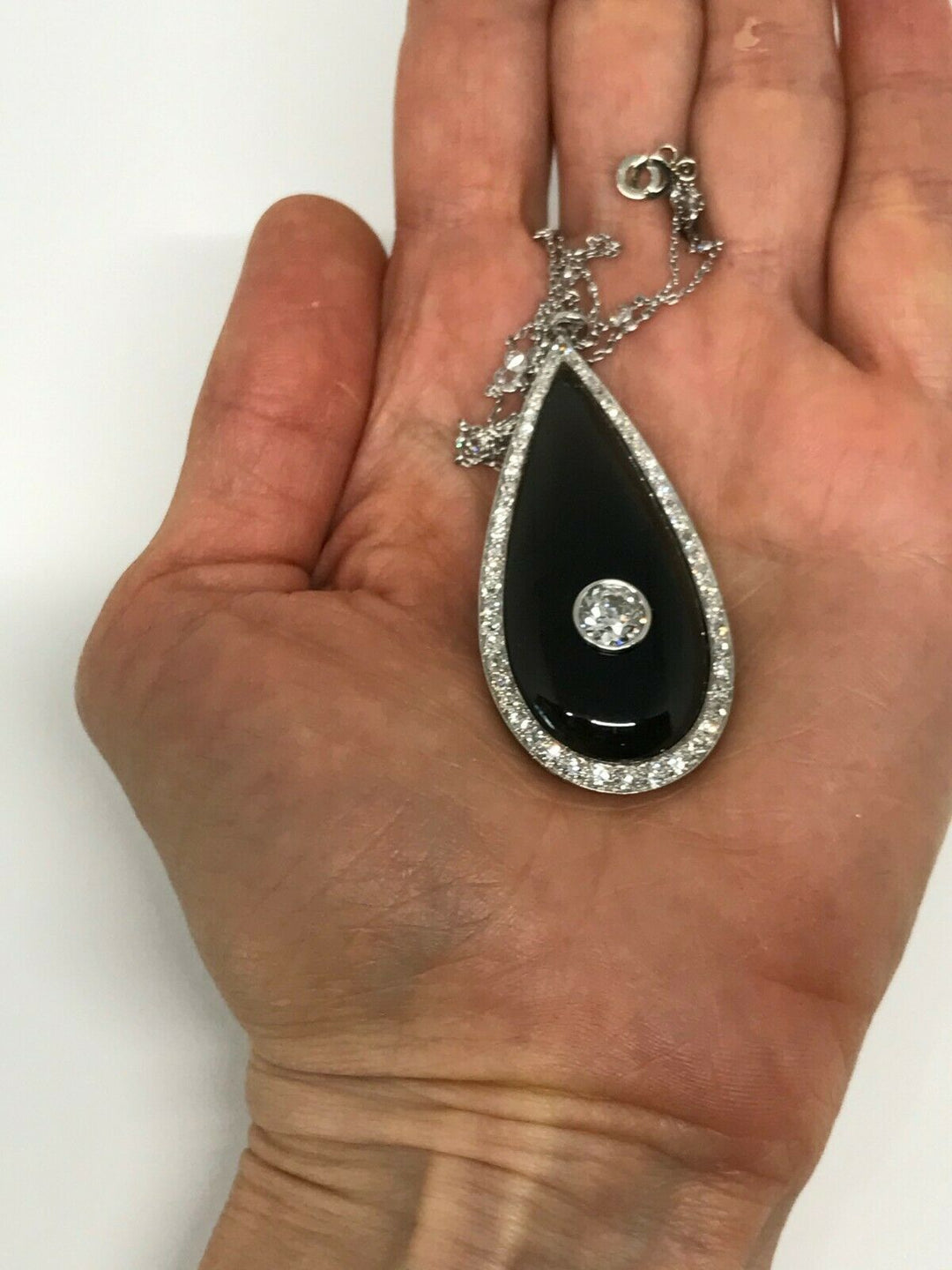 Art Deco Platinum Diamond Necklace Onyx Locket Pendant