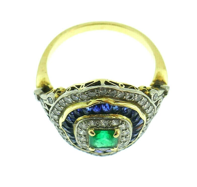 Vintage 18k Yellow Gold Emerald Sapphire Diamond Ring