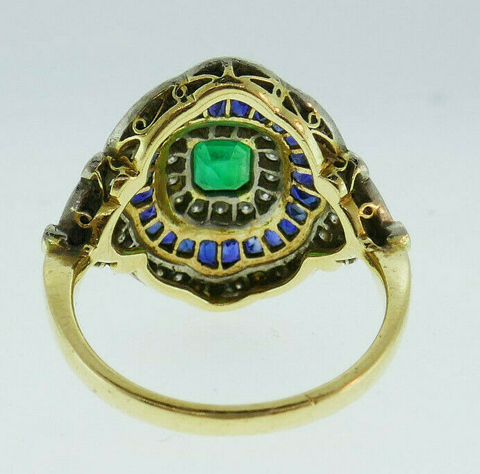 Vintage 18k Yellow Gold Emerald Sapphire Diamond Ring