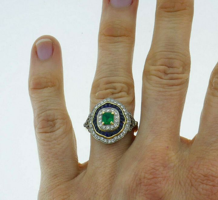 Vintage 18k Yellow Gold Emerald Sapphire Diamond Ring