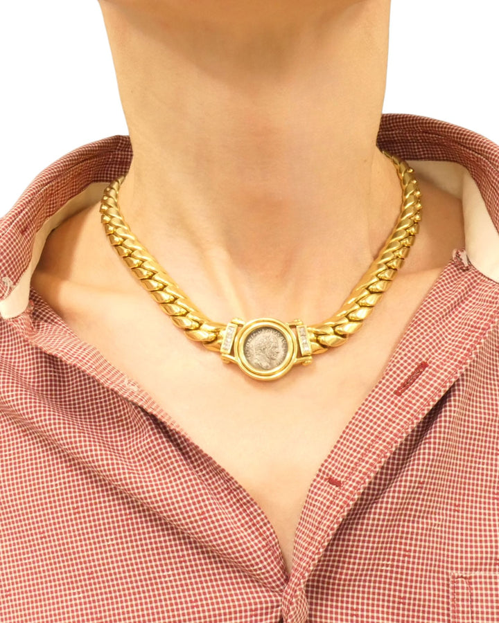 Carlo Weingrill 18k Gold Chain Diamond Roman Coin Necklace