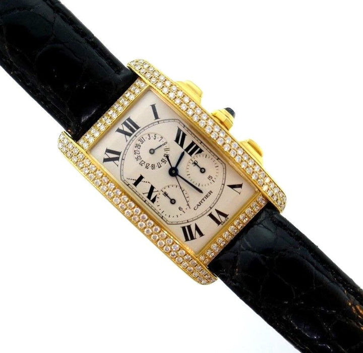 Cartier 18k Yellow Gold, Crocodile Skin & Diamond Tank Watch