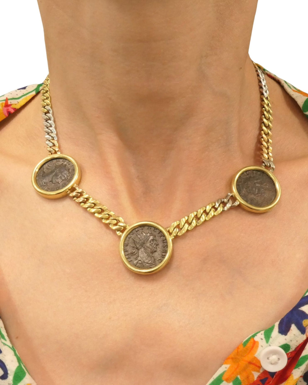 Bvlgari Bulgari Monete Coin Necklace 18k Tri Color Gold Chain Necklace Three Ancient Coins