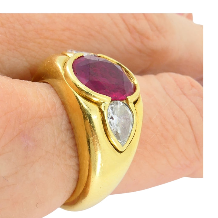 Bvlgari Bulgari Band Ring 18k Gold Cabochon Ruby Diamond AGL Certificate