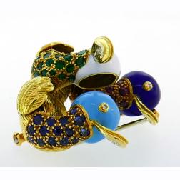 French Vintage Brooch 18k Gold Enamel Gems Duck Pin Clip