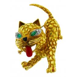 Coral Emerald Diamond Yellow Gold Cat Pin Brooch Clip, French 1950s