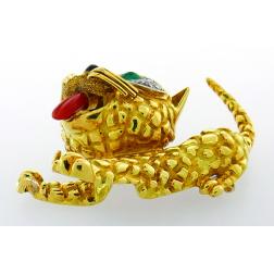 Coral Emerald Diamond Yellow Gold Cat Pin Brooch Clip, French 1950s