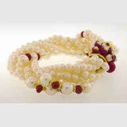 Trianon Pearl Ruby Bracelet with Diamond Yellow Gold Clasp Bead Multi Strand