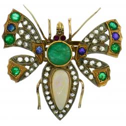 Victorian Gold Butterfly Pin Brooch Clip Diamond Opal Sapphire Emerald Ruby