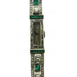 1920's Art Deco Platinum Diamond and Emerald Cartier Watch