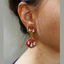 Vintage Kutchinsky Coral Diamond Gold Earrings