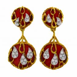 Vintage Kutchinsky Coral Diamond Gold Earrings