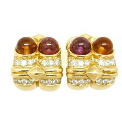 BVLGARI 18K Yellow Gold Diamond Citrine Pink Tourmaline Huggie Earrings