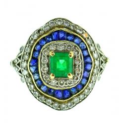 Vintage 18k Yellow Gold Emerald Sapphire Diamond Ring