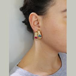 Marina B Yellow Gold Hoop Earrings with Blue Topaz Tourmaline Diamond
